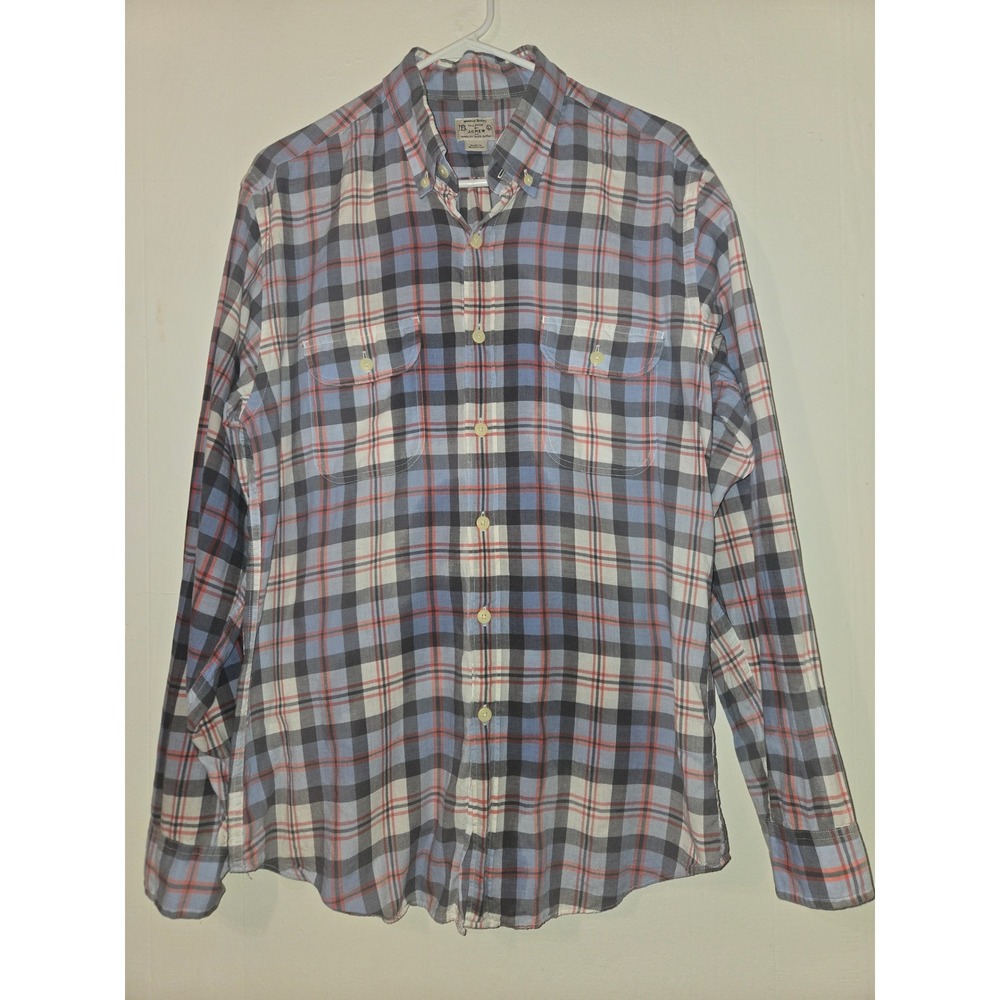 J.Crew Mens Madras Plaid Button Down Shirt Blue Coral Tailored Fit Large